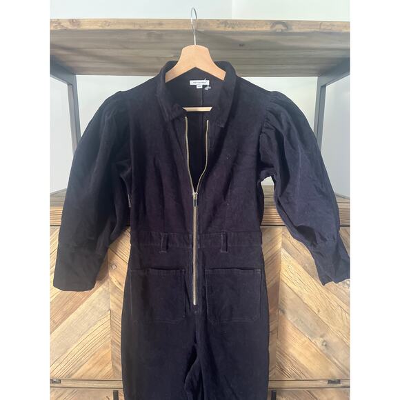 We Wore What 70's Corduroy Jumpsuit Puff Sleeves Gold Zipper in Black Small - Picture 4 of 10